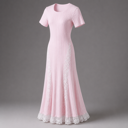 Ribbed Knit Lace-Trim Maxi Dress